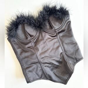 Playboy Bunny XS Corset Black Satin Feather Trim Zip Back Stretch Padded Bra Top